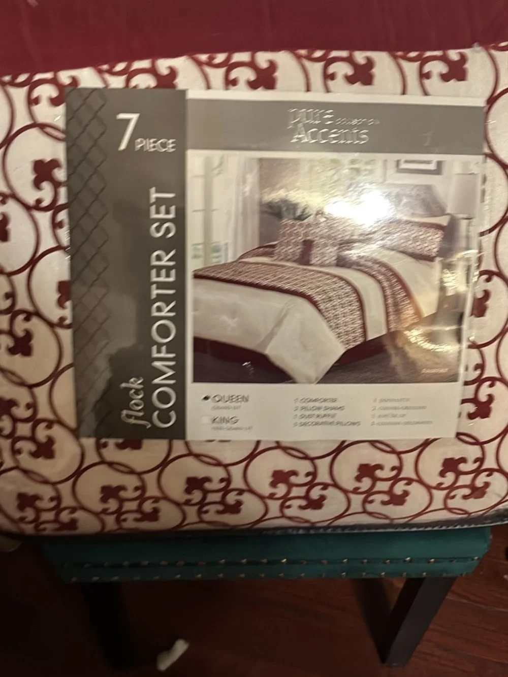 7-Piece Cream and Red Flocked Comforter Set - Home Bedding